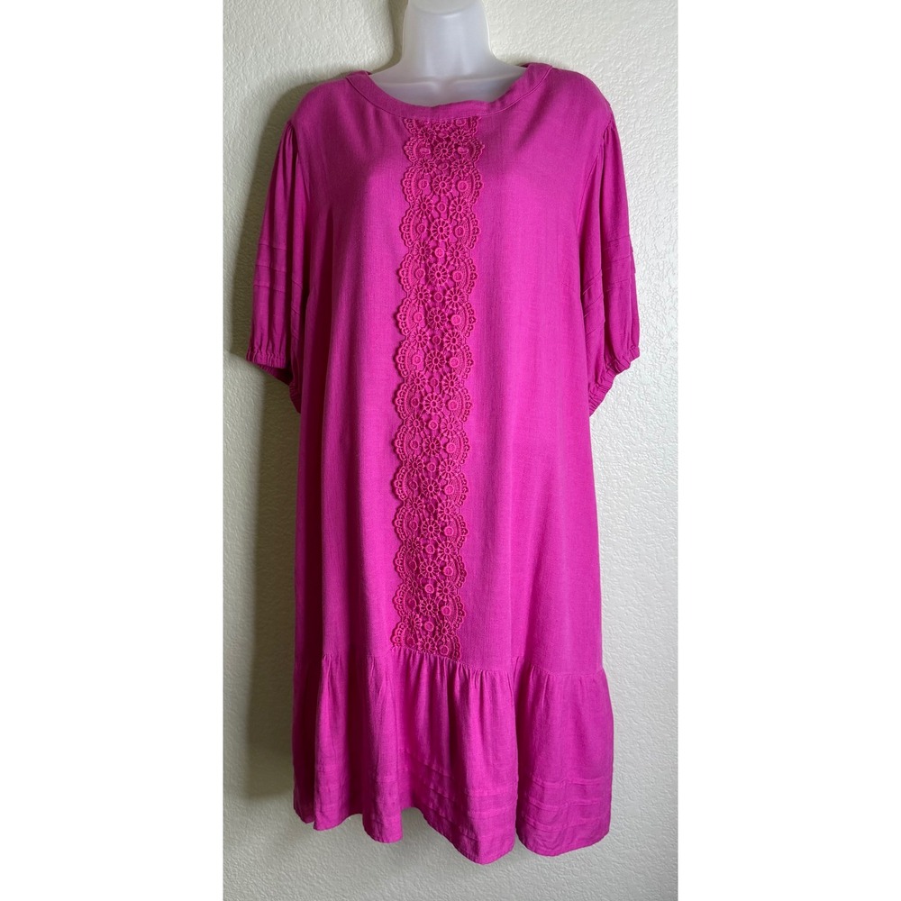 New York & Company Womens XL Shift‎ Dress Pink Linen Blend Crochet Lace Pintuck